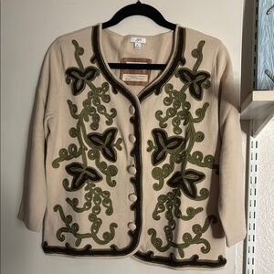 J.Jill Cream and Green Cardigan with Baroque Embroidery